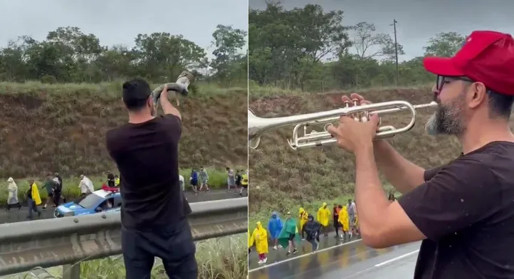 Trompetista toca durante caminhada de Nikolas Ferreira