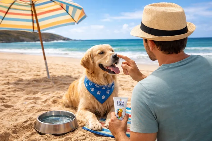 Tutor passa protetor solar em cão