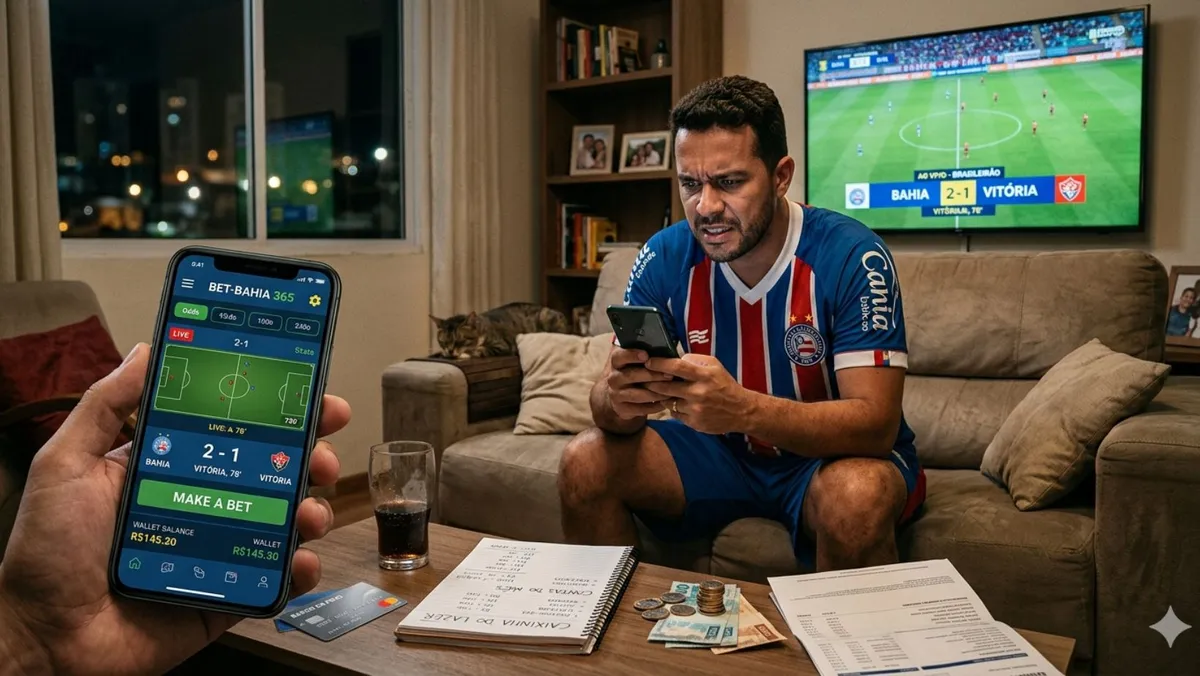 Apostador está focado em seu smartphone, onde o aplicativo de apostas exibe o jogo ao vivo