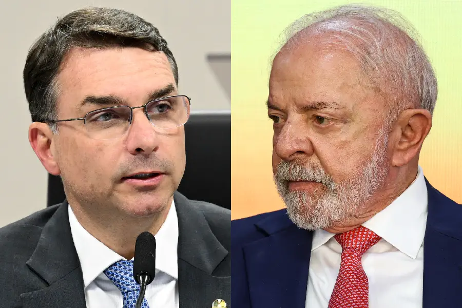 Os presidenciáveis Flávio Bolsonaro (PL-RJ, à direita) e Lula (PT, à esquerda)