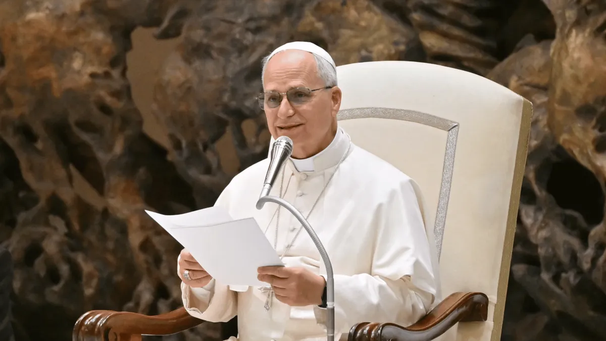Papa Leão durante discurso na Sala Paulo VI
