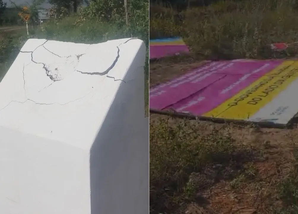 Placas vandalizadas no interior da Bahia.