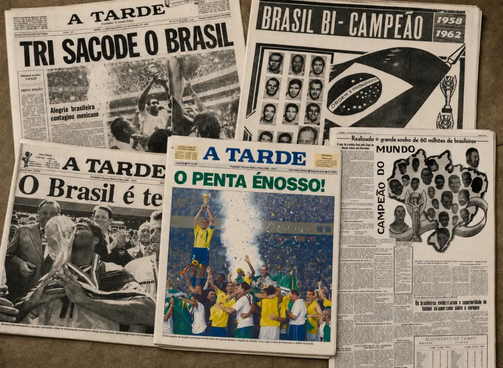 Capas do A TARDE para as cinco Copas vencidas pelo Brasil