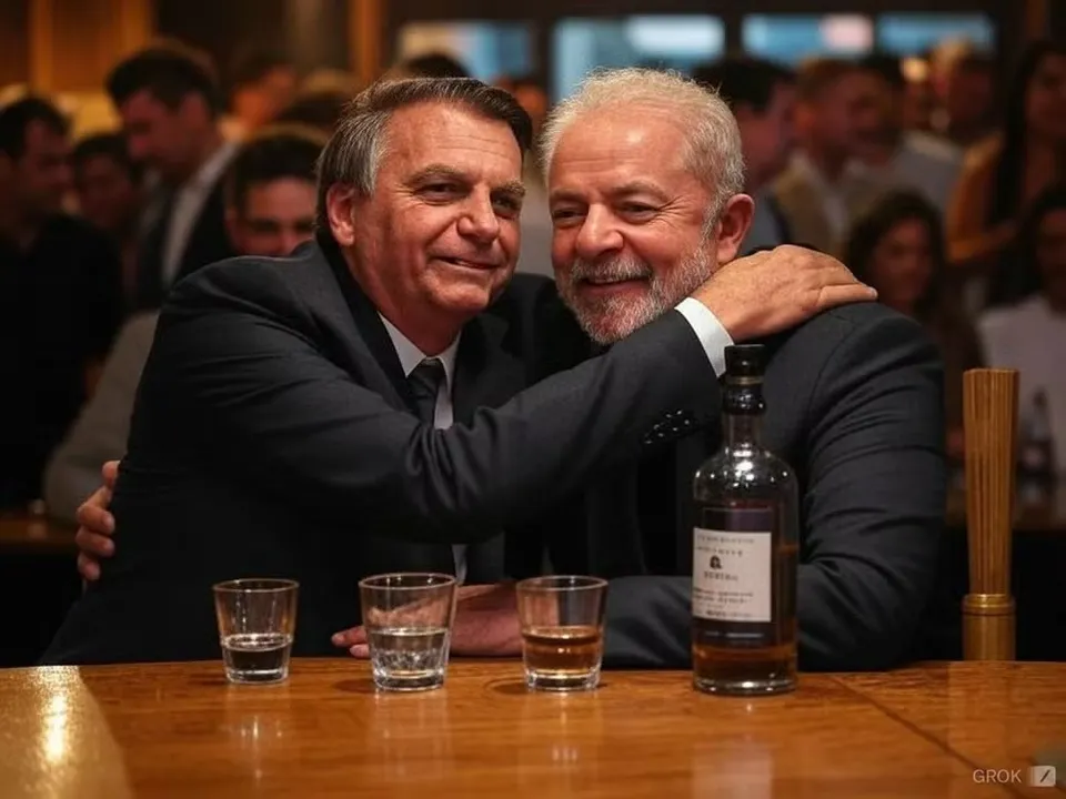 Montagem feita por IA de Jair Bolsonaro e Lula bebendo juntos