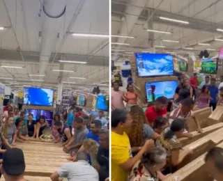 Locutor anuncia TV por R$ 105 e causa tumulto em supermercado; assista