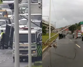 Vídeo: poste de sinalização cai e complica trânsito no Av. Bonocô