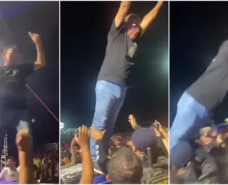 Prefeito se anima em show e se joga na plateia, mas cai no chão; vídeo