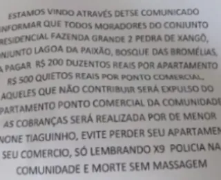 Veja facção cobrando taxa para moradores de condomínios de Salvador