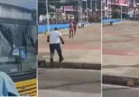 Passageiro joga pedra em ônibus e rodoviário revida; assista briga