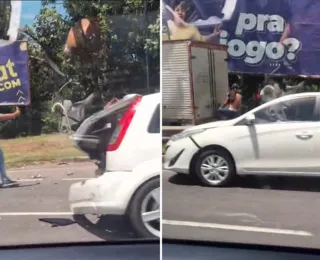 Caminhão baú colide com dois carros em acidente na Avenida Paralela