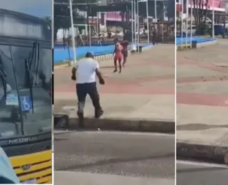 Passageiro joga pedra em ônibus e rodoviário revida; assista briga