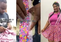 Marido se arrisca na máquina de costura para produzir vestido junino