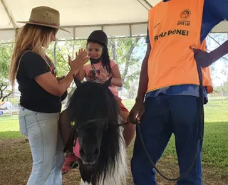 Crianças aprendem a montar em pôneis na Fenagro