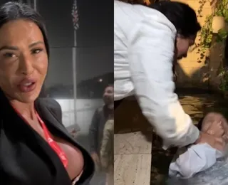 Assista: vestindo decote sensual, Gracyanne se batiza com Pablo Marçal