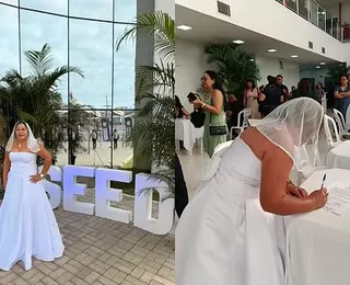 Professora surpreende ao tomar posse em concurso vestida de noiva