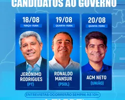 Grupo A TARDE inicia sabatinas com candidatos ao Governo da Bahia nesta terça (18) - Imagem