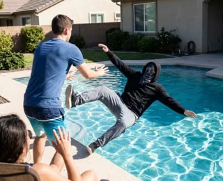 Homem reage a roubo e empurra assaltante na piscina
