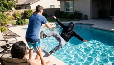 Homem reage a roubo e empurra assaltante na piscina