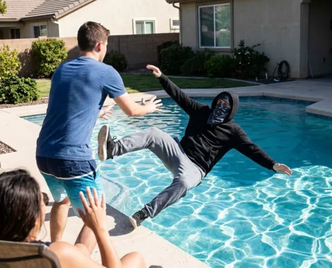 Homem reage a roubo e empurra assaltante na piscina