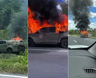 Vídeo: Viatura da PM pega fogo na BR-324