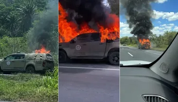 Vídeo: Viatura da PM pega fogo na BR-324