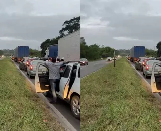 Caminhão tombado deixa trânsito travado na BR-324 sentido Salvador