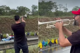 ‘TromPetista’ toca berrante durante caminhada de bolsonaristas - Imagem
