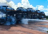 Caminhão que carregava 11 carros da BYD pega fogo na Bahia