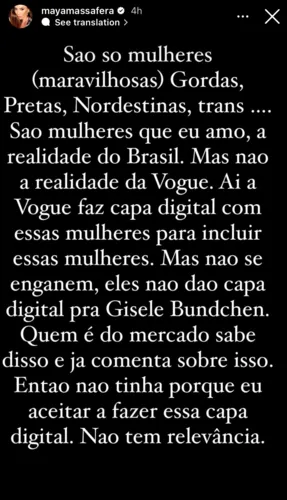 Maya Massafera diz ter sido vítima de transfobia por revista: "mentiu"