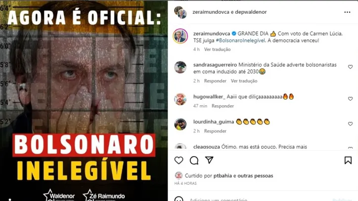 Jerônimo e políticos baianos comemoram inelegibilidade de Bolsonaro