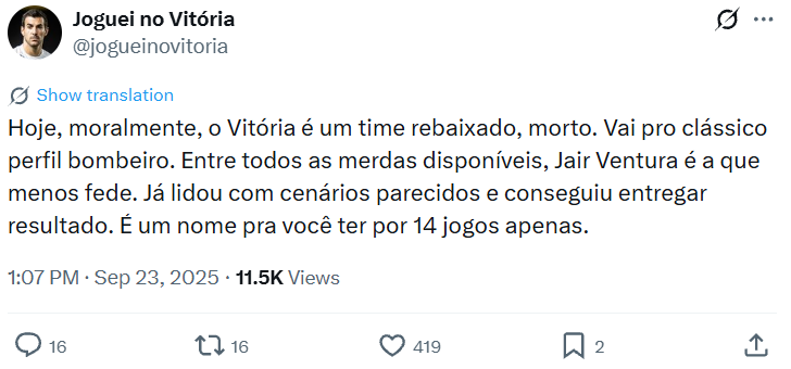 Nas redes sociais, torcedores do Vitória questionam a permanência de Jair Ventura no clube em 2026