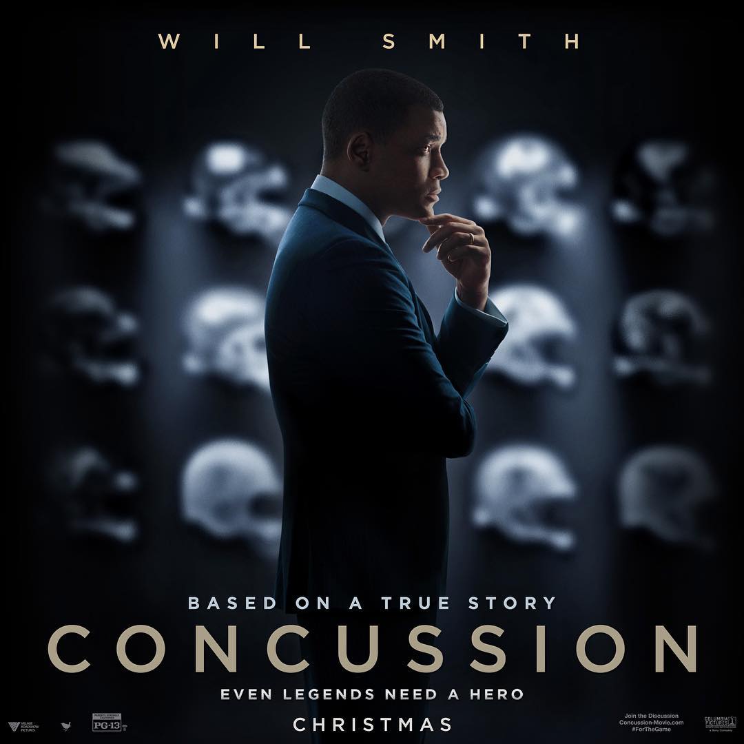 Poster do filme “Um Homem Entre Gigantes”. Em inglês, o nome do filme foi “Concussion”
