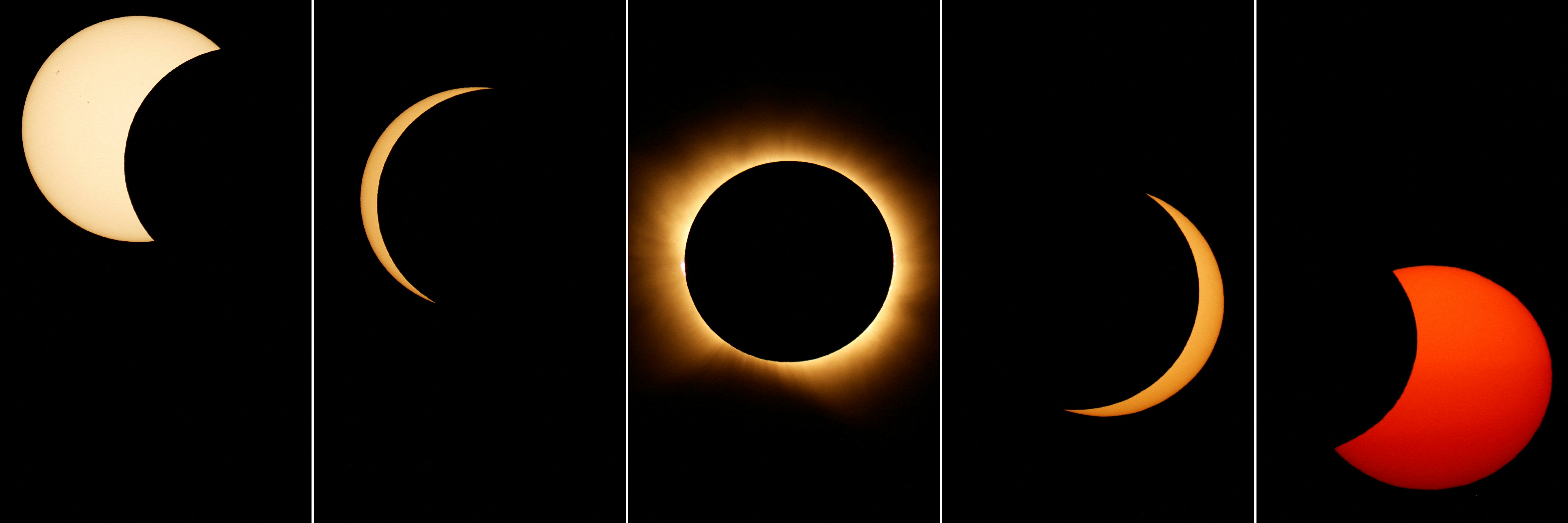 Esta composição de fotos tiradas em 12 de agosto de 2026 mostra as diferentes fases do eclipse solar total visto de Berlanga de Duero, a 240 km a nordeste de Madri.