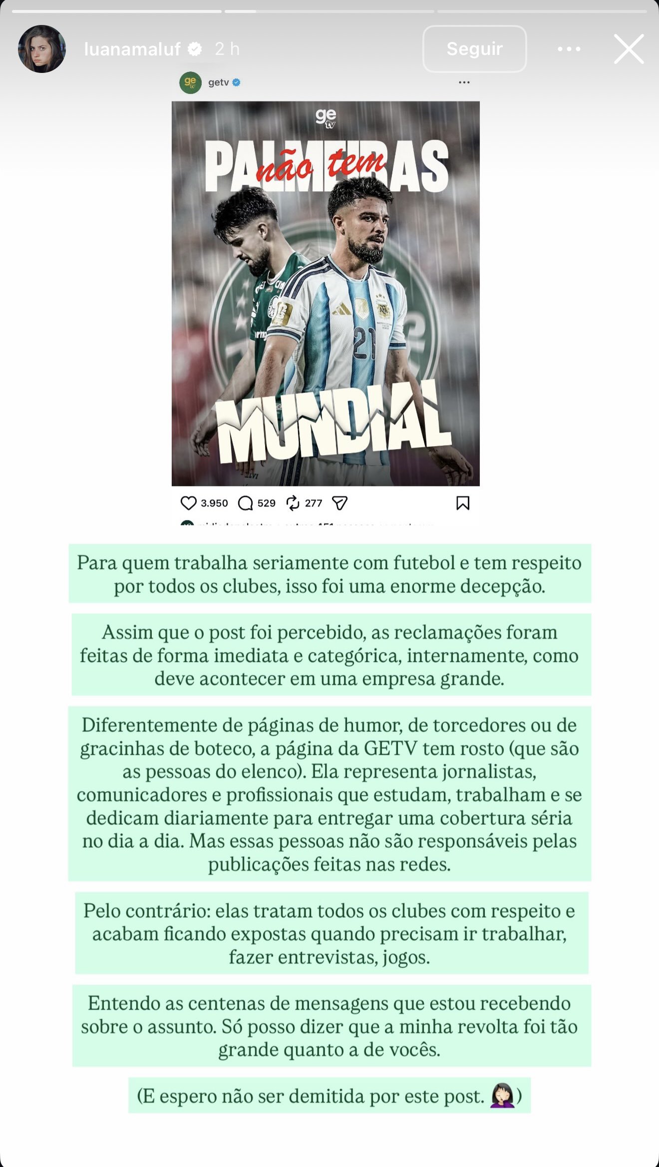 Comentarista da Globo detona publicação da própria emissora: 'Espero não ser demitida'