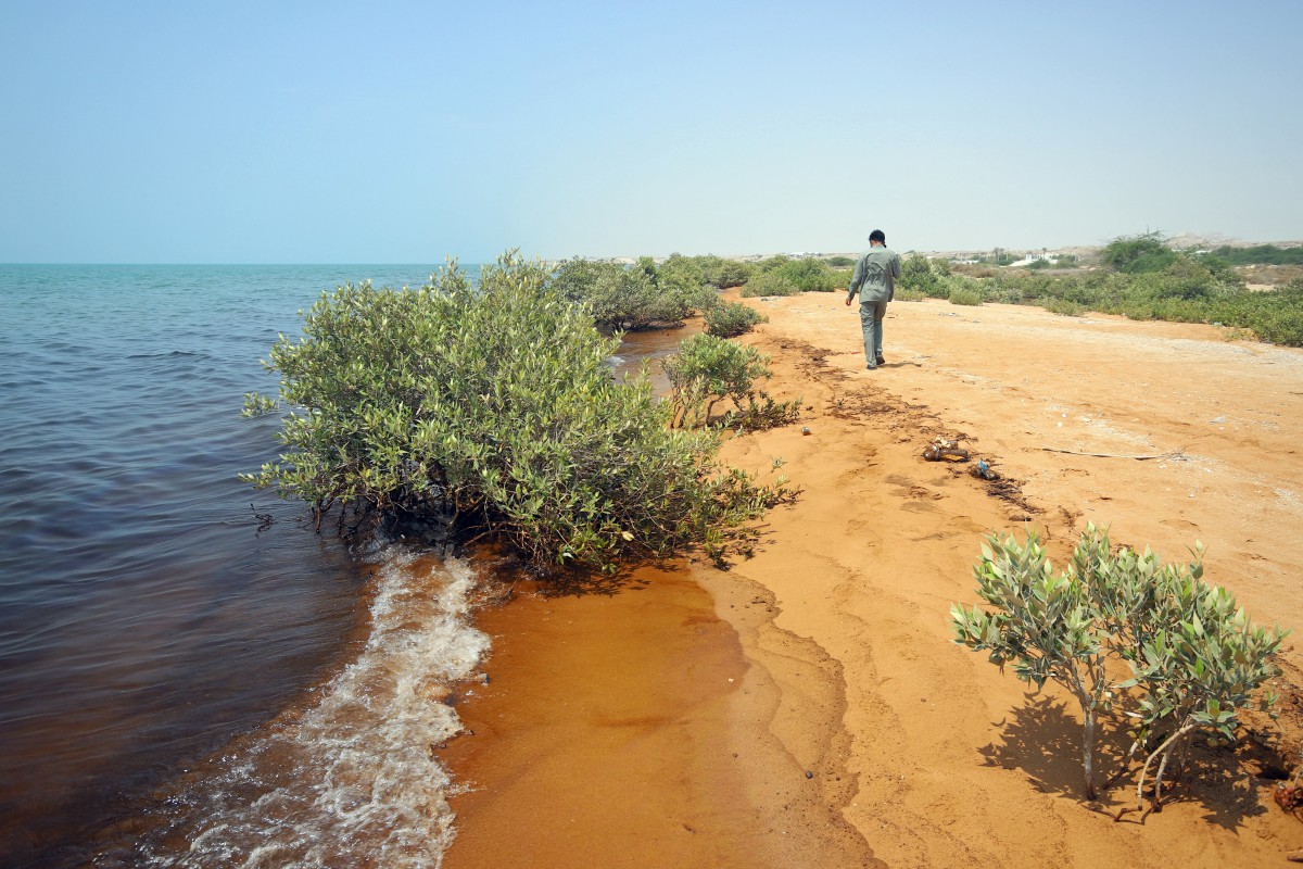 Esta fotografia, obtida da agência de notícias iraniana ISNA em 13 de agosto de 2026, mostra uma mancha de óleo ao longo da costa sul da ilha de Qeshm, no Irã