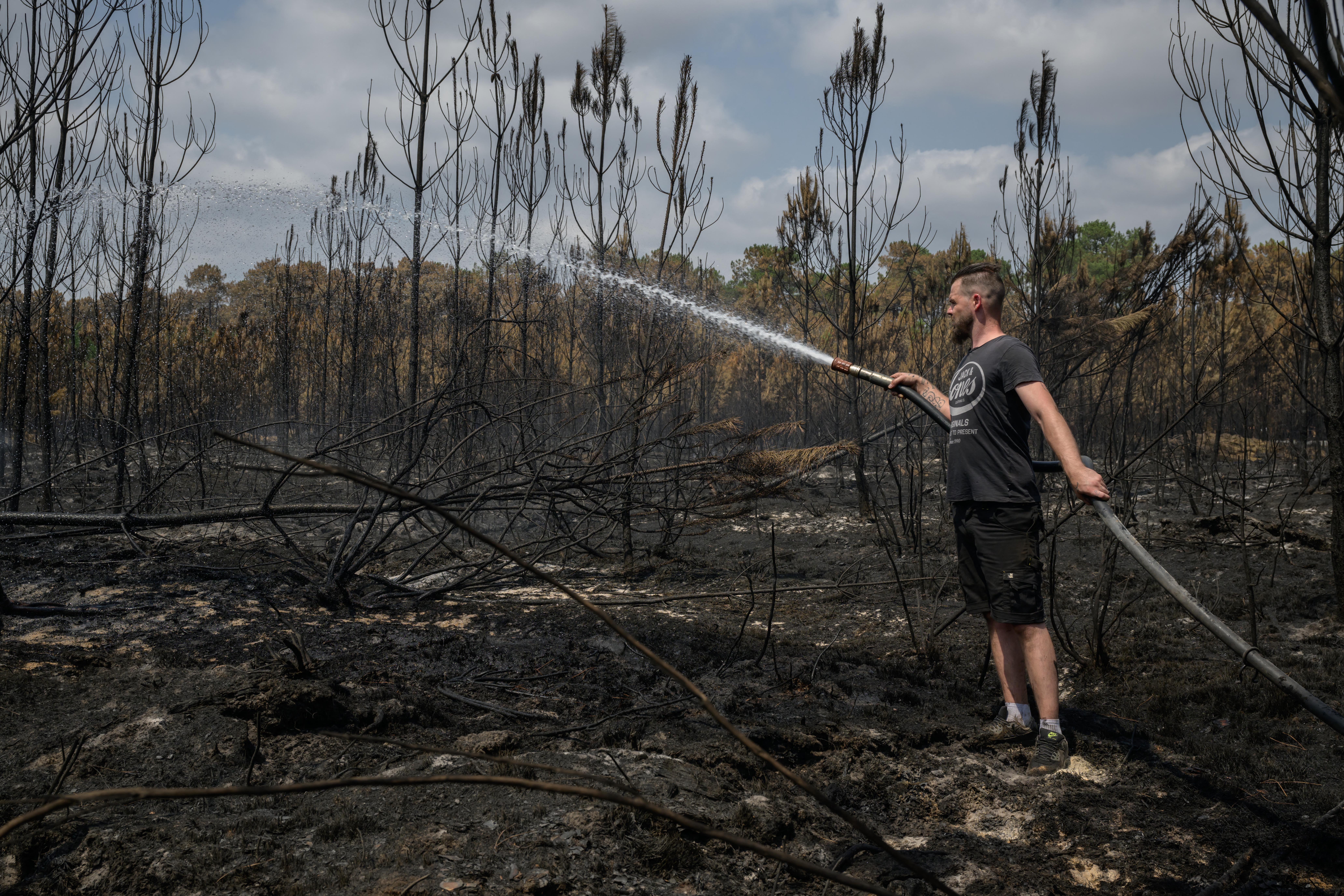 Voluntários lançam água para evitar a reignição de focos de incêndio em uma floresta perto de Blagon, no sudoeste da França, em 30 de julho de 2026. Na França, as temperaturas caíram nas proximidades de Bordeaux — a capital do vinho —, gerando esperança de que o incêndio em uma floresta de pinheiros no litoral, que desalojou 220.000 pessoas e destruiu cerca de 240 casas, estivesse chegando ao fim.