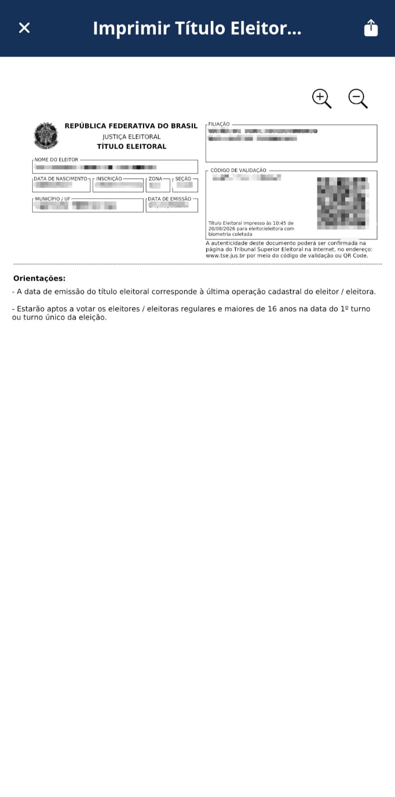 Impressão do título de eleitor no e-Título