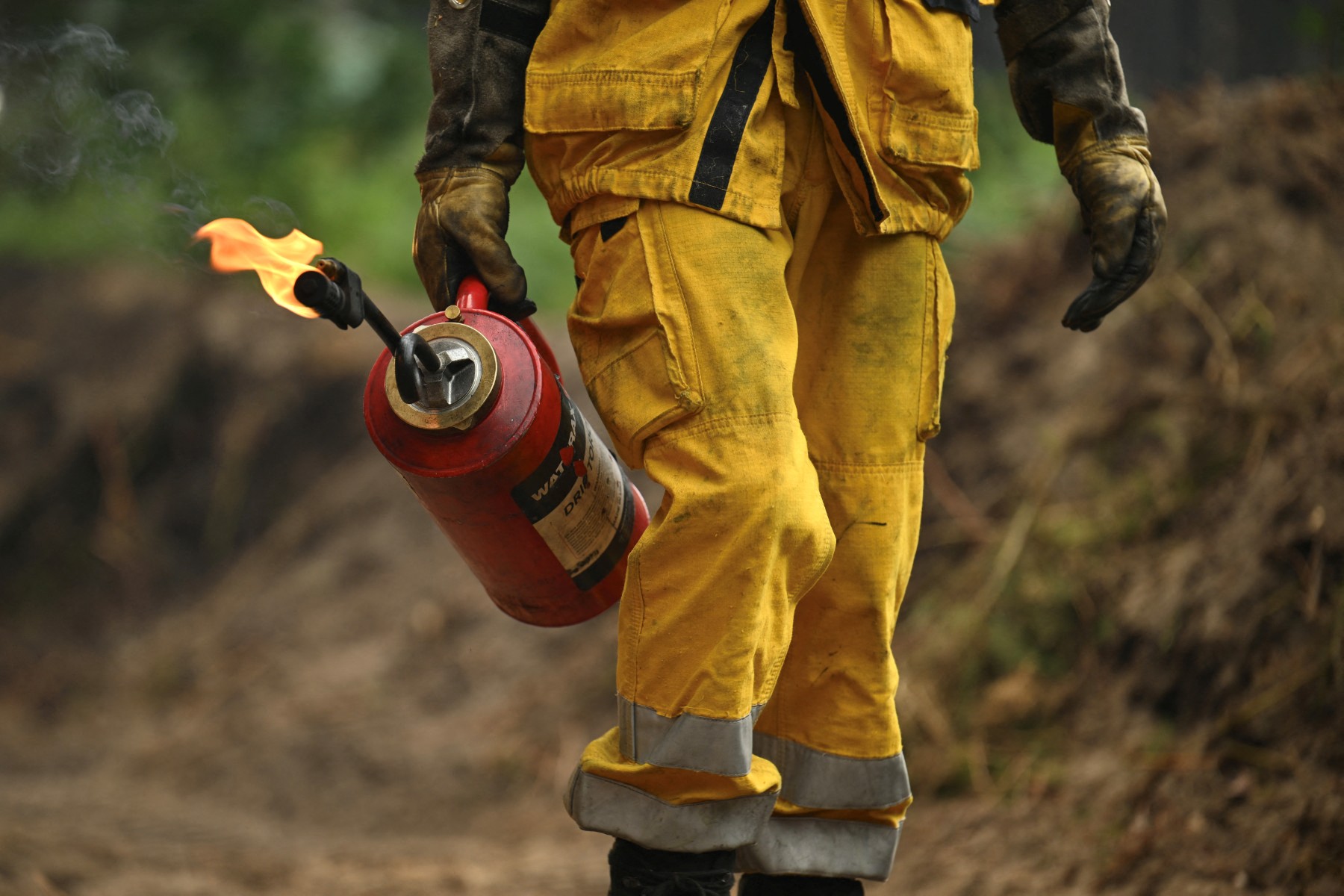 Um bombeiro inicia uma queima tática em uma floresta próxima a uma fazenda para impedir a propagação de um incêndio florestal perto de Luglon, no sudoeste da França, em 16 de agosto de 2026.