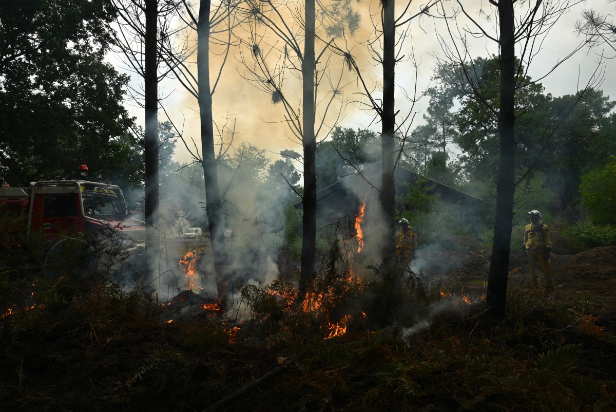 Bombeiros criam aceiros em uma floresta próxima a uma fazenda para impedir a propagação de um incêndio florestal em Luglon, no sudoeste da França, em 16 de agosto de 2026.