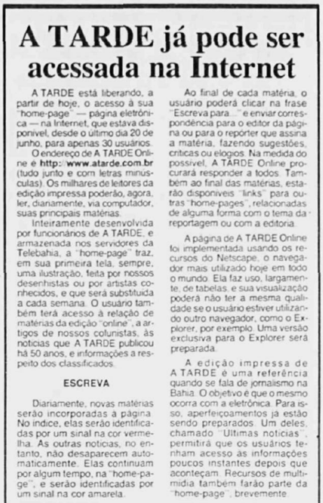 Edição impressa do dia 11 de julho de 1996 anunciou o lançamento do portal A TARDE