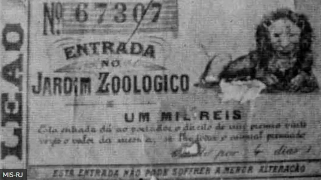 Tíquete de entrada de 1896 no Jardim Zoológico do Rio de Janeiro, que possibilitava ao visitante participar de rifa