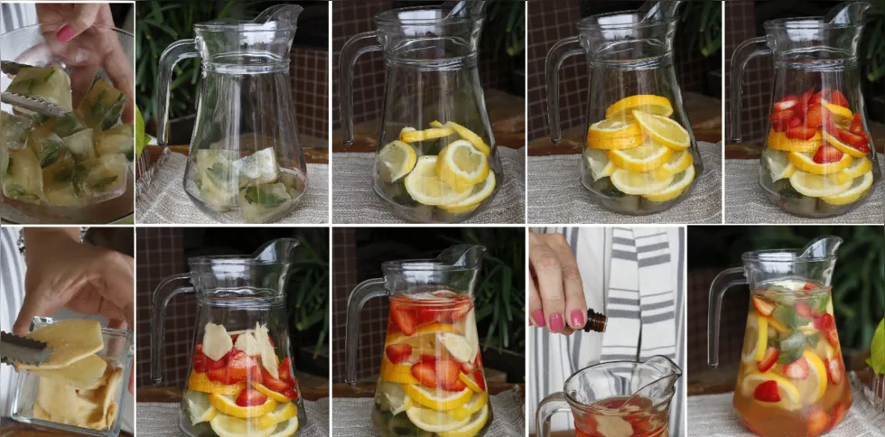 Arrumar os ingredientes dentro da jarra de vidro, acrescentar a água e consumir logo após é fácil e prazeroso