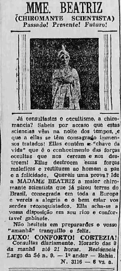 Em 1938, A TARDE publicou anúncio sobre os serviços de Madame Beatriz