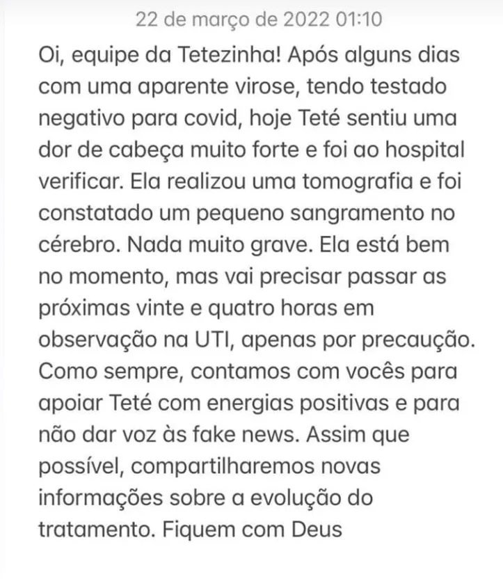 Comunicado da equipe de Sthe Matos