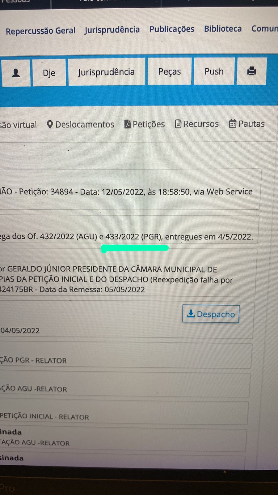 Ofício 433/2022 foi encaminhado para o PGR e não para a CMS