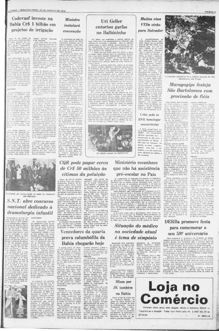Jornal registrou Uri Geller no Balbininho, em Salvador