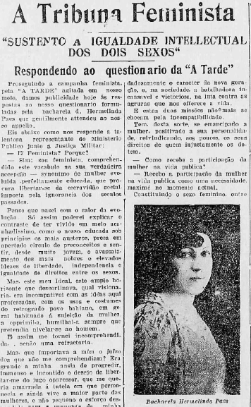 Hermelinda Paes teve perfil publicado na edição de A TARDE de 6 de abril de 1931