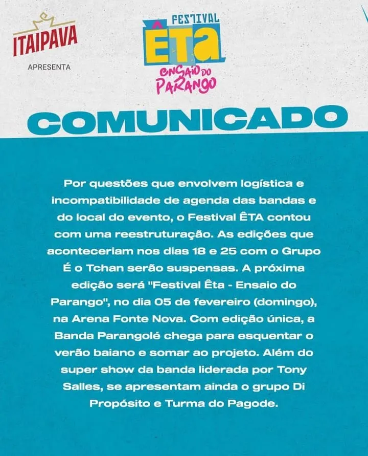 Imagem ilustrativa da imagem Festival Êta cancela edições com É O Tchan e anuncia show de Parangolé