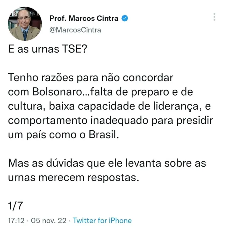 Marcos Cintra levantou dúvida com relação às eleições pelo fato de Bolsonaro não ter tido 100% das votações em nenhuma urna