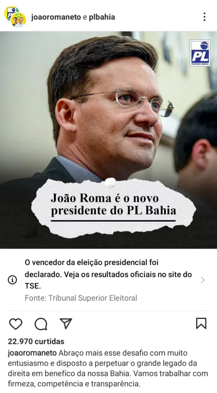 Imagem ilustrativa da imagem João Roma assume presidência do PL na Bahia